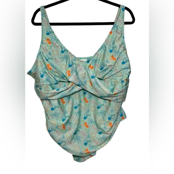 Disney World Minnie Mickey Mouse Tropical Print‎  Green Retro One Piece Size 2XL - Picture 1 of 4